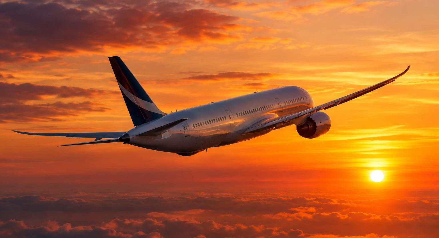 Aeronave comercial em voo ao pôr do sol — Direitos do passageiro
